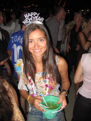 Penny with bucket at nye party